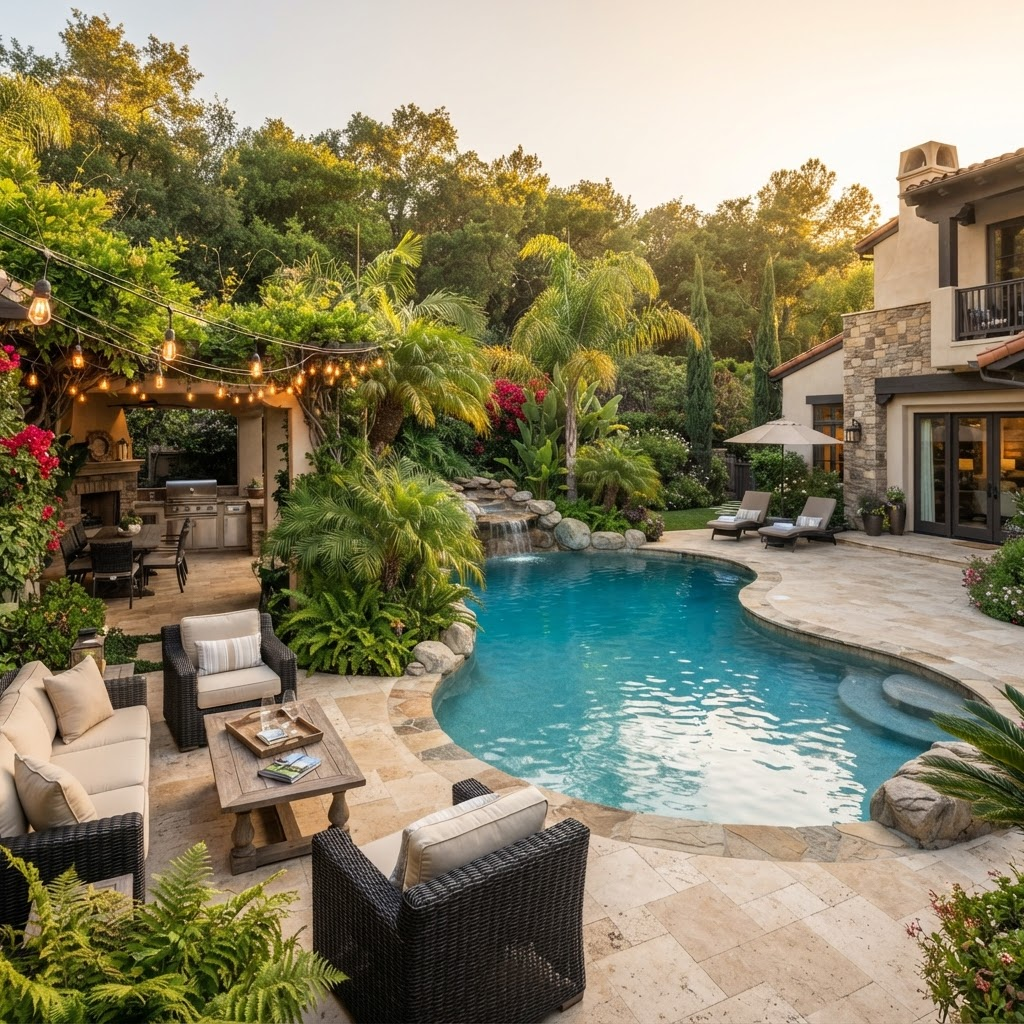 Private backyard pool and outdoor living
