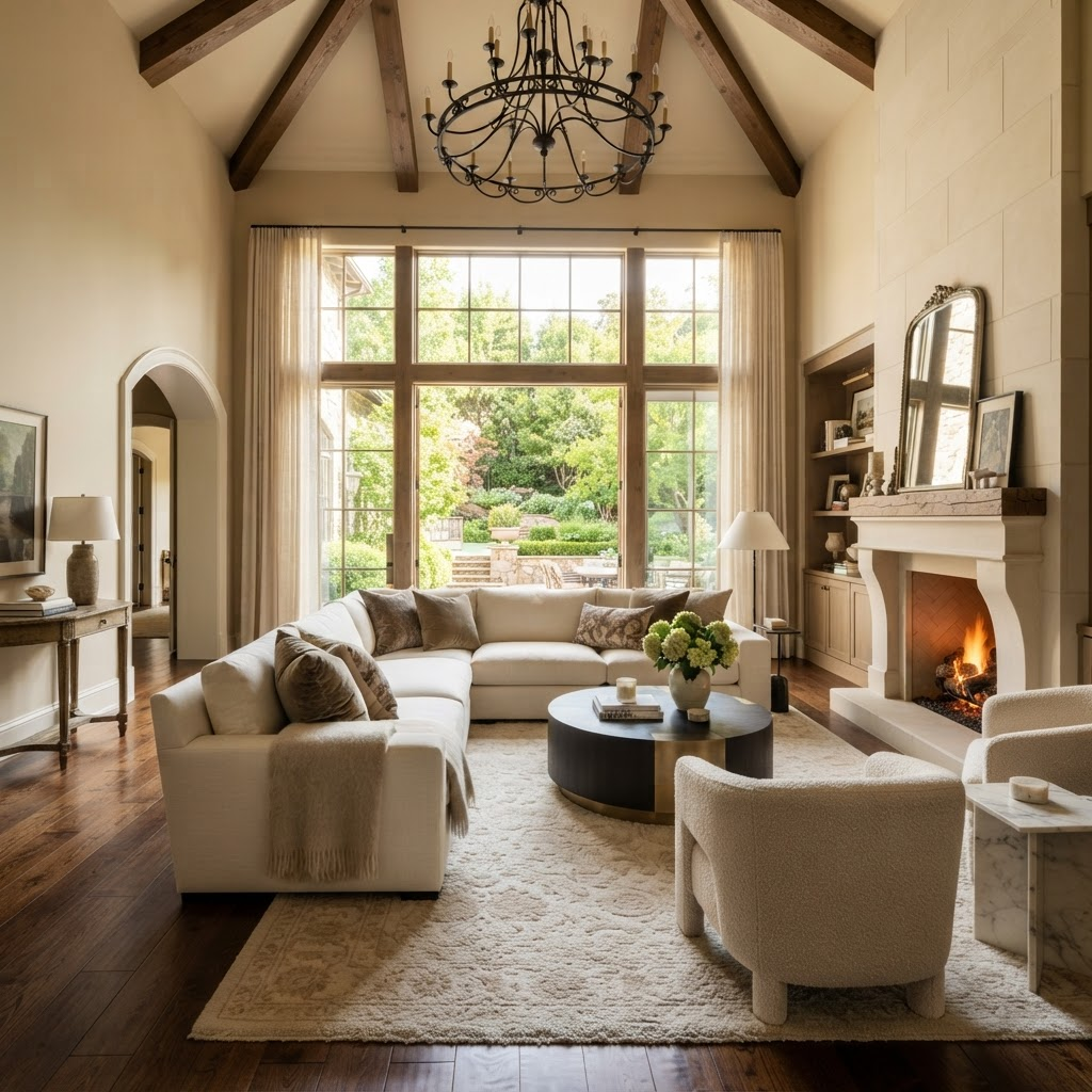 Elegant living room with high ceilings